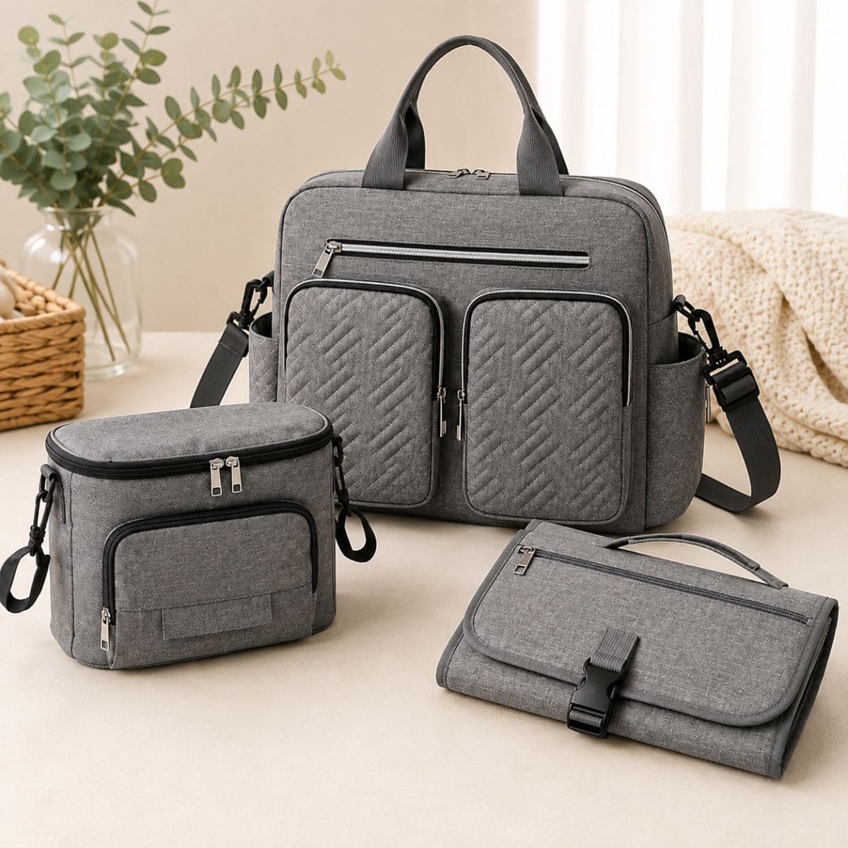 Pack Sortie Bébé Complet Les 3 indispensables comprenant un sac à langer, un organisateur de poussette et un tapis à langer nomade présentés ensemble.