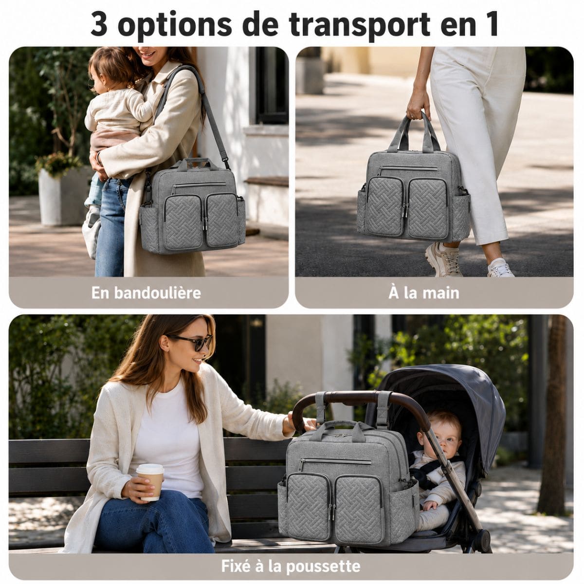 Pack Sortie Bébé Complet porté en bandoulière, à la main et fixé à une poussette pour illustrer les différentes options de transport.