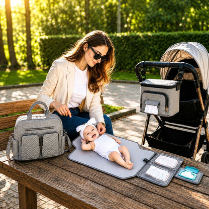 Maman change son bébé en extérieur avec le Pack Sortie Bébé Complet comprenant le sac à langer, le tapis à langer nomade et l'organisateur fixé à la poussette.