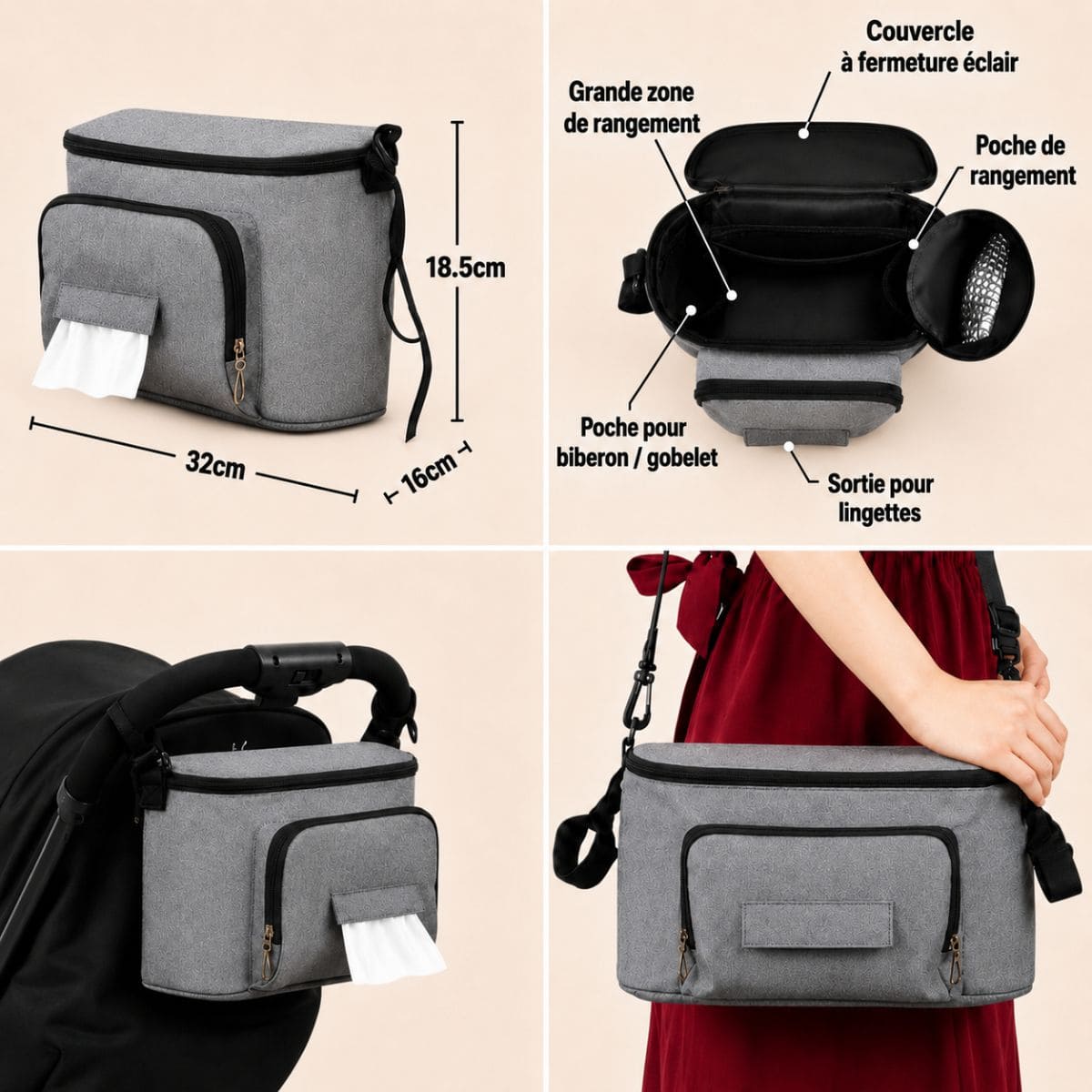 Organisateur de poussette du Pack Sortie Bébé Complet montrant ses dimensions, ses compartiments de rangement et sa fixation sur la poussette.