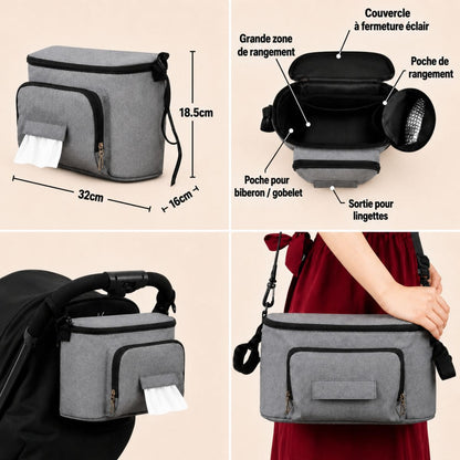 Organisateur de poussette du Pack Sortie Bébé Complet montrant ses dimensions, ses compartiments de rangement et sa fixation sur la poussette.