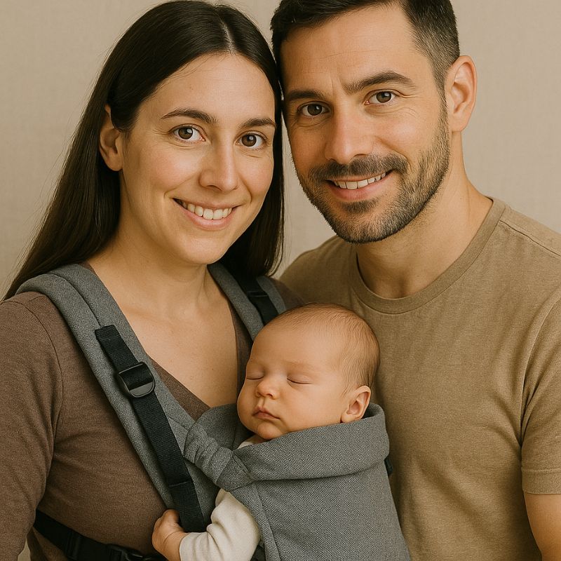 parents portant bébé en porte-bébé physiologique
