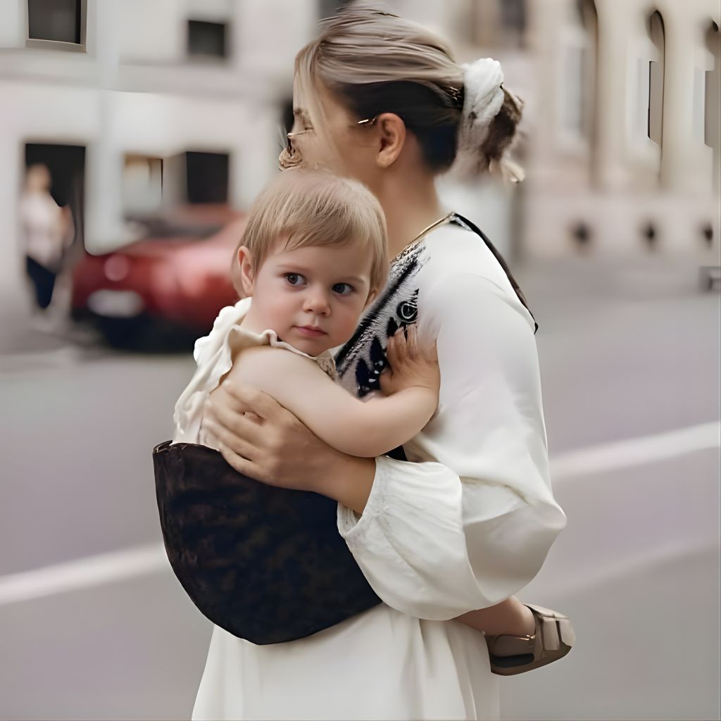 bébé porté confortablement contre sa maman dans le porte-bébé Léopard, idéal pour le portage en ville
