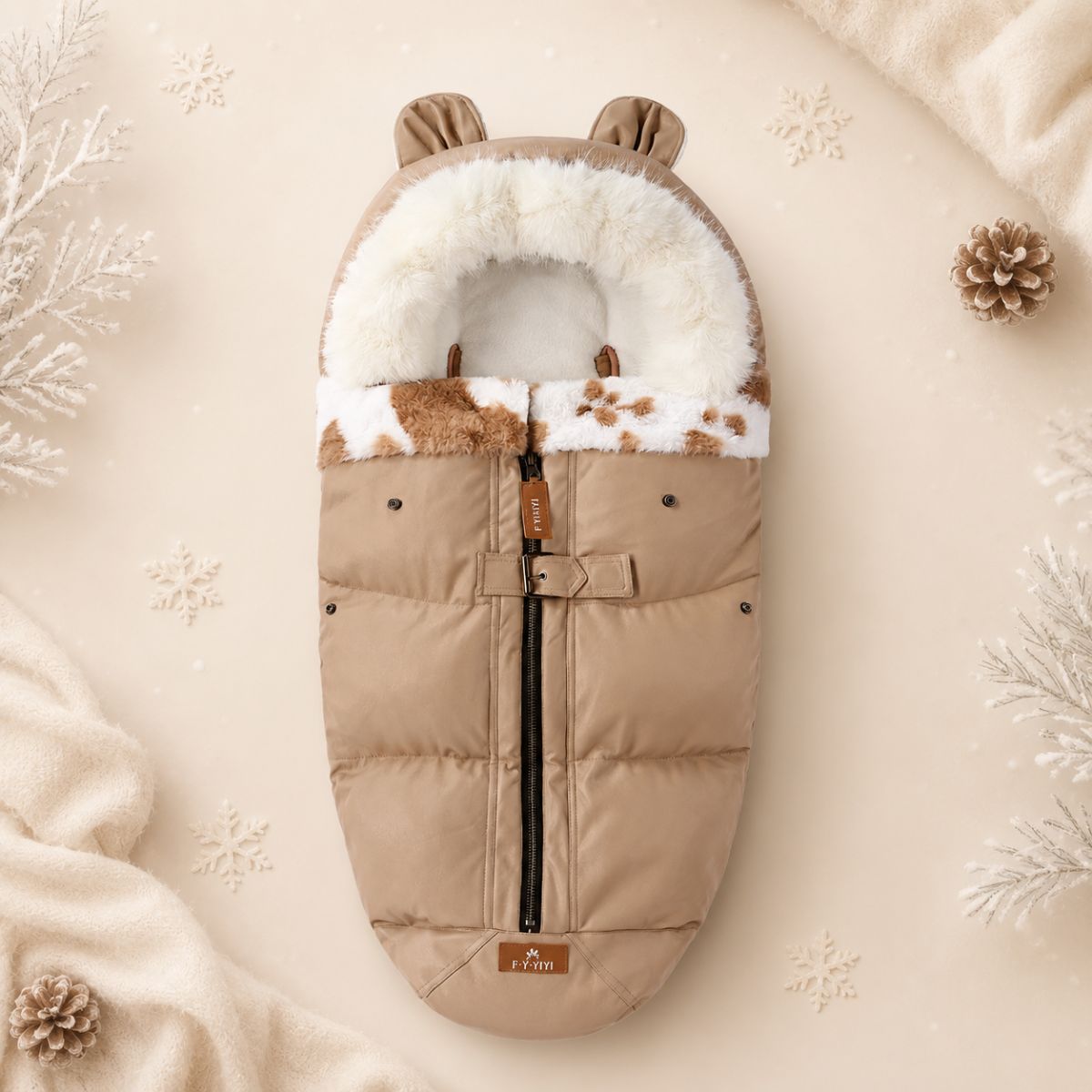 chancelière poussette hiver Cocon Douillet en coloris taupe avec intérieur blanc, col en fourrure beige et capuche avec oreilles.