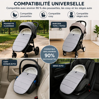 Chancelière poussette Rempart Hivernal compatible avec environ 90 % des poussettes, les cosy et les sièges auto.