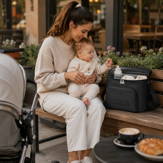 organisateur de poussette   Nomade Mini utilisé par une maman avec bébé en terrasse de café 