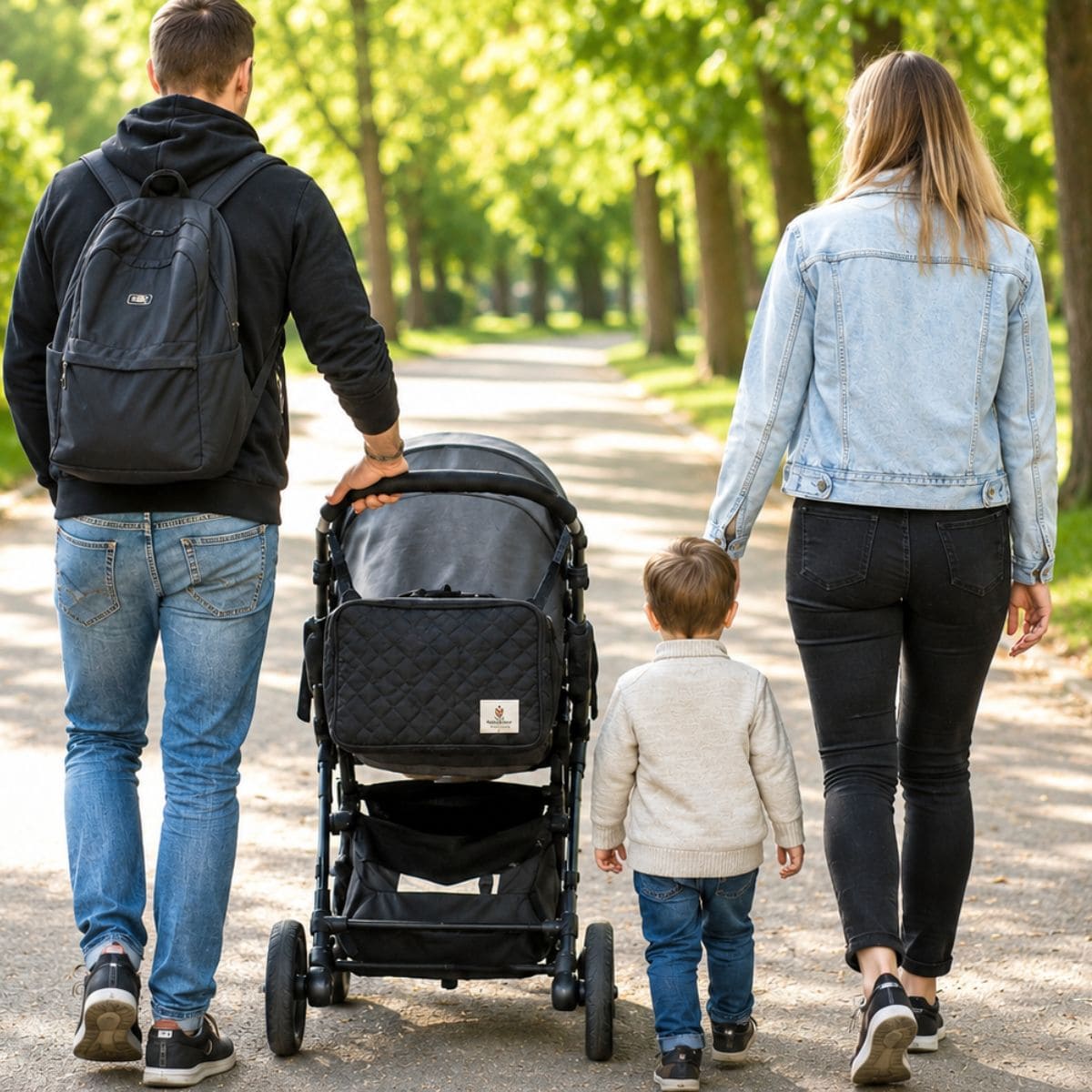 organisateur poussette Nomade noir fixé à une poussette pendant une promenade familiale dans un parc.