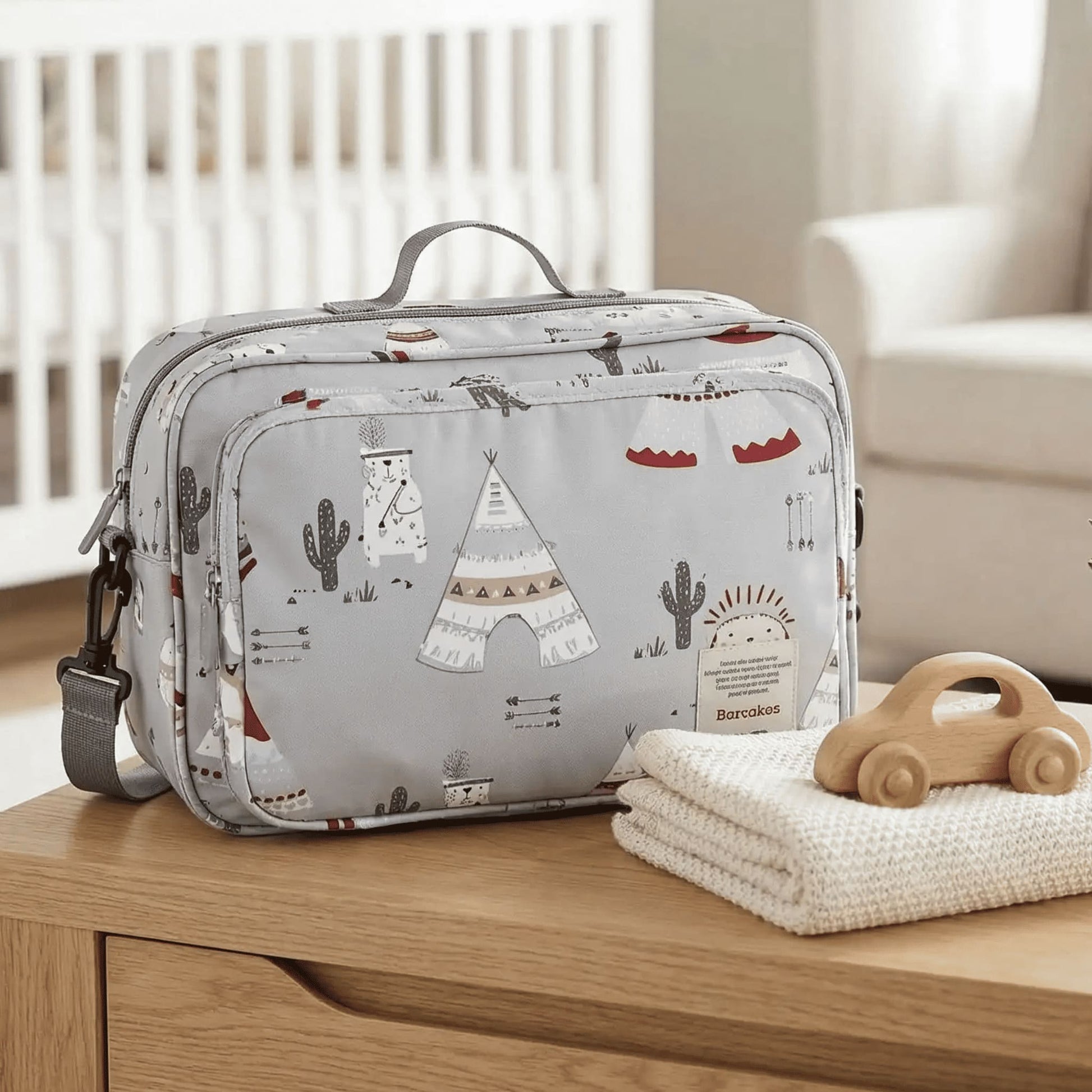 Organisateur poussette Nomade sac bébé gris motif tipi organiseur pour biberon couches et lingettes