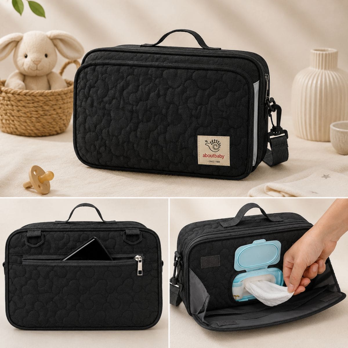 Organisateur poussette Nomade avec vue avant, poche arrière et distributeur de lingettes