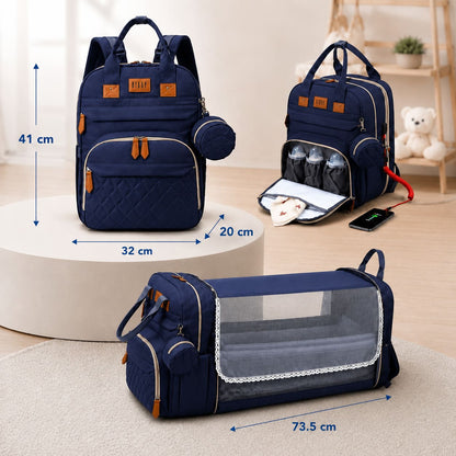 sac à dos à langer avec lit intégré Nomade présentant ses dimensions, son compartiment isotherme, son port USB et sa transformation en lit bébé 
