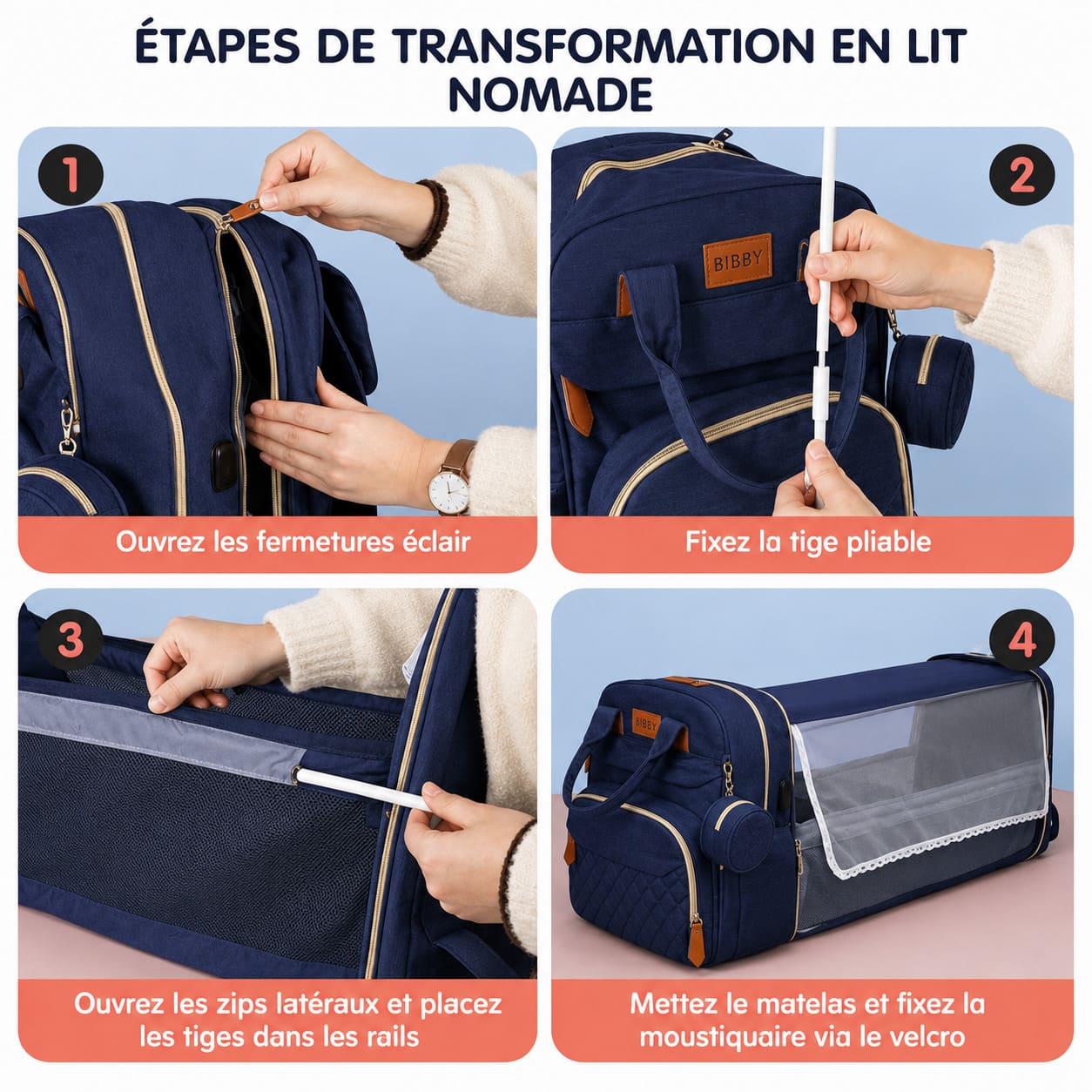 sac à dos à langer avec lit intégré Nomade montrant les étapes de transformation du sac en espace de repos pour bébé avec structure dépliable et moustiquaire 