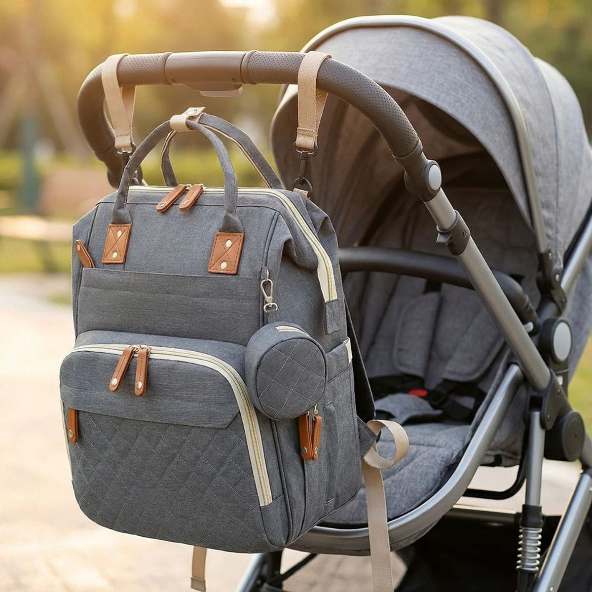 Sac à dos à langer avec lit intégré Nomade fixé à une poussette grâce aux attaches, utilisé lors d’une sortie en extérieur