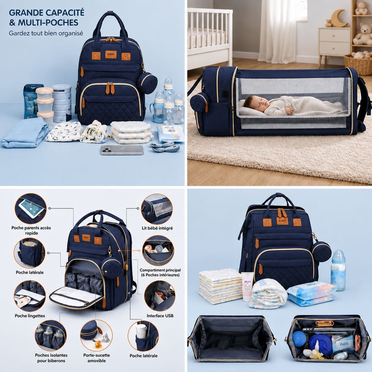 sac à dos à langer avec lit intégré Nomade présentant sa grande capacité de rangement, ses multiples poches de rangement et son lit bébé intégré pour les sorties avec bébé 