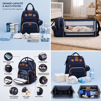 sac à dos à langer avec lit intégré Nomade présentant sa grande capacité de rangement, ses multiples poches de rangement et son lit bébé intégré pour les sorties avec bébé 