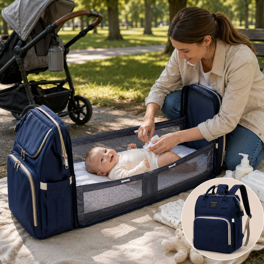 Sac à dos à langer avec station de change Bébé Nomade déployé pour changer bébé lors d’une sortie en extérieur 