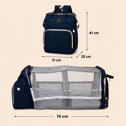 Sac à dos à langer avec station de change Bébé Nomade présentant les dimensions du sac et de la station de change déployée 