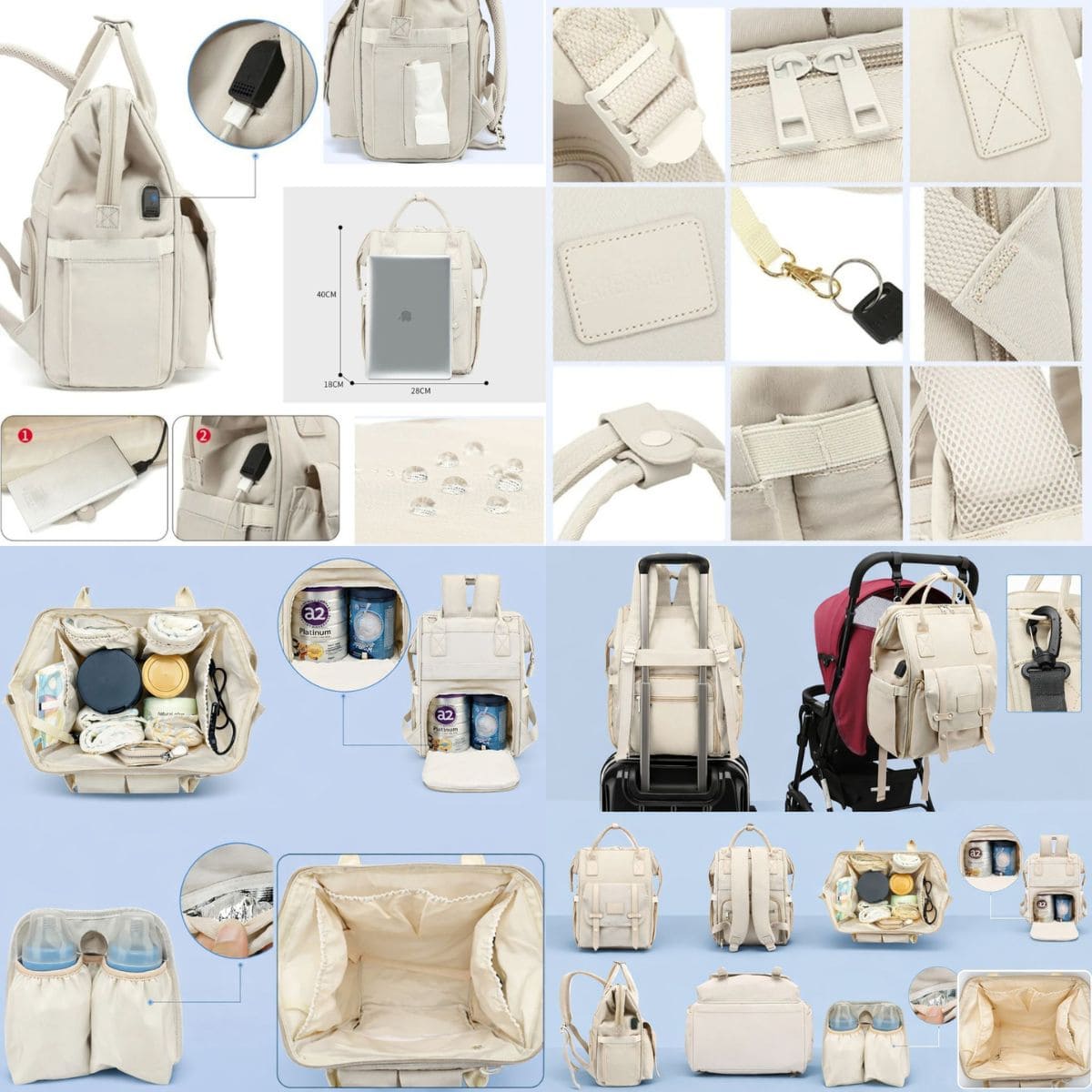sac à dos à langer Élégant présenté avec dimensions, rangements, poches isothermes, port USB et fixations poussette/valise 