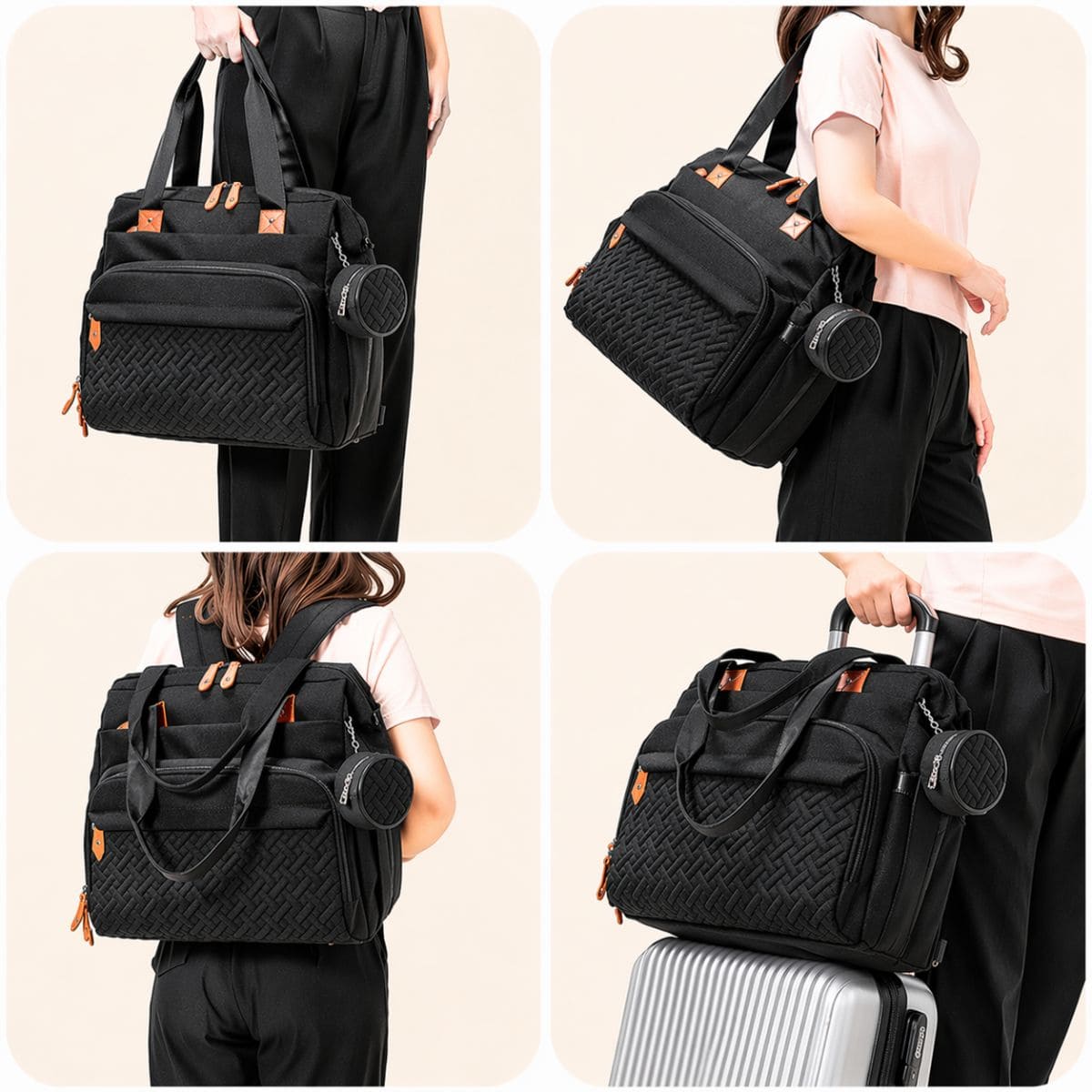 Utilisation du sac à dos à langer Nomade+ porté à la main à l'épaule à dos et sur valise 