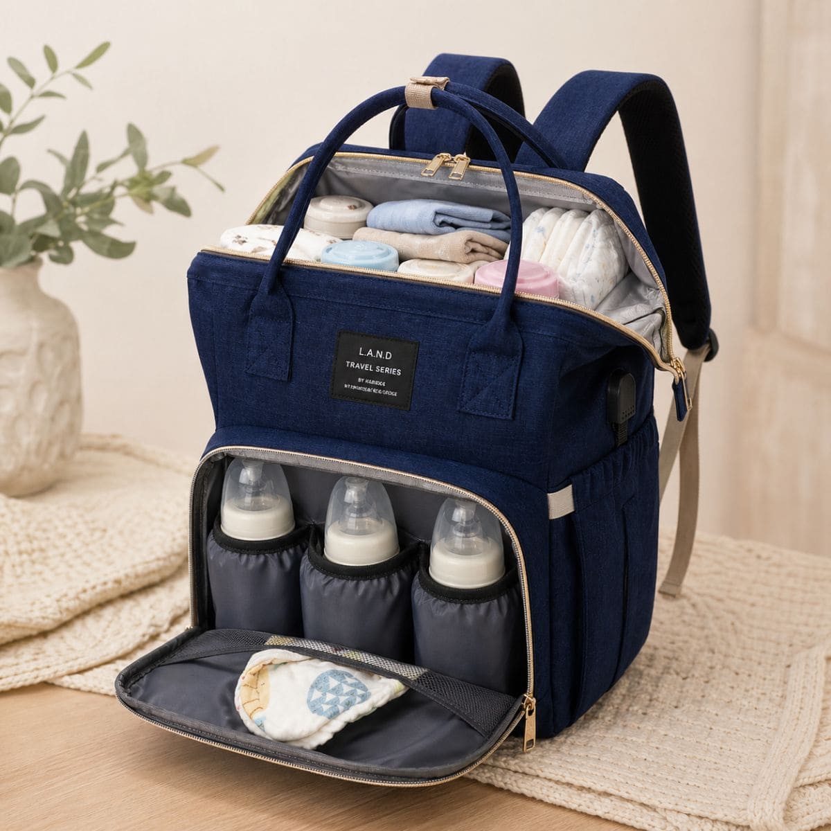 Poche avant isotherme du sac à dos à langer Nid Nomade avec rangement pour plusieurs biberons 