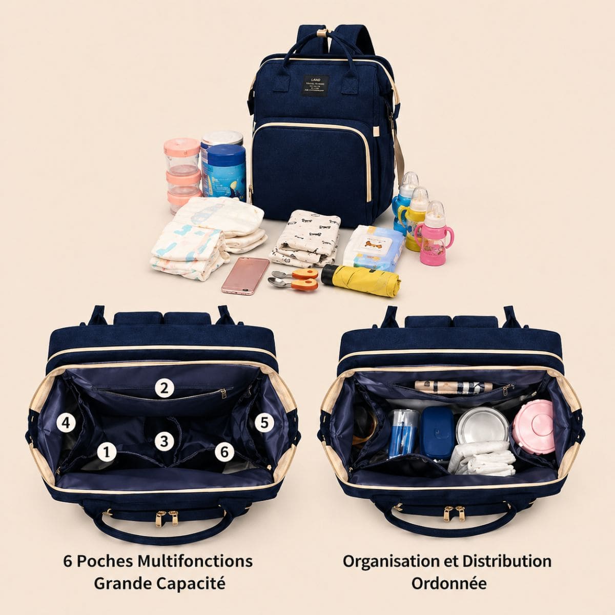 Organisation intérieure du sac à dos à langer Nid Nomade avec compartiments et accessoires bébé 