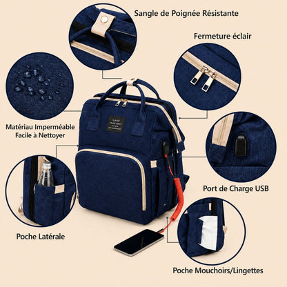 Détails du sac à dos à langer Nid Nomade avec matériau imperméable fermeture éclair poche latérale et port USB 