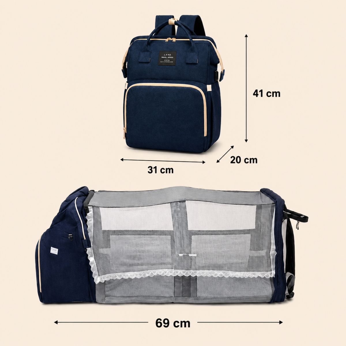 Dimensions du sac à dos à langer Nid Nomade avec largeur hauteur profondeur et taille du lit intégré 