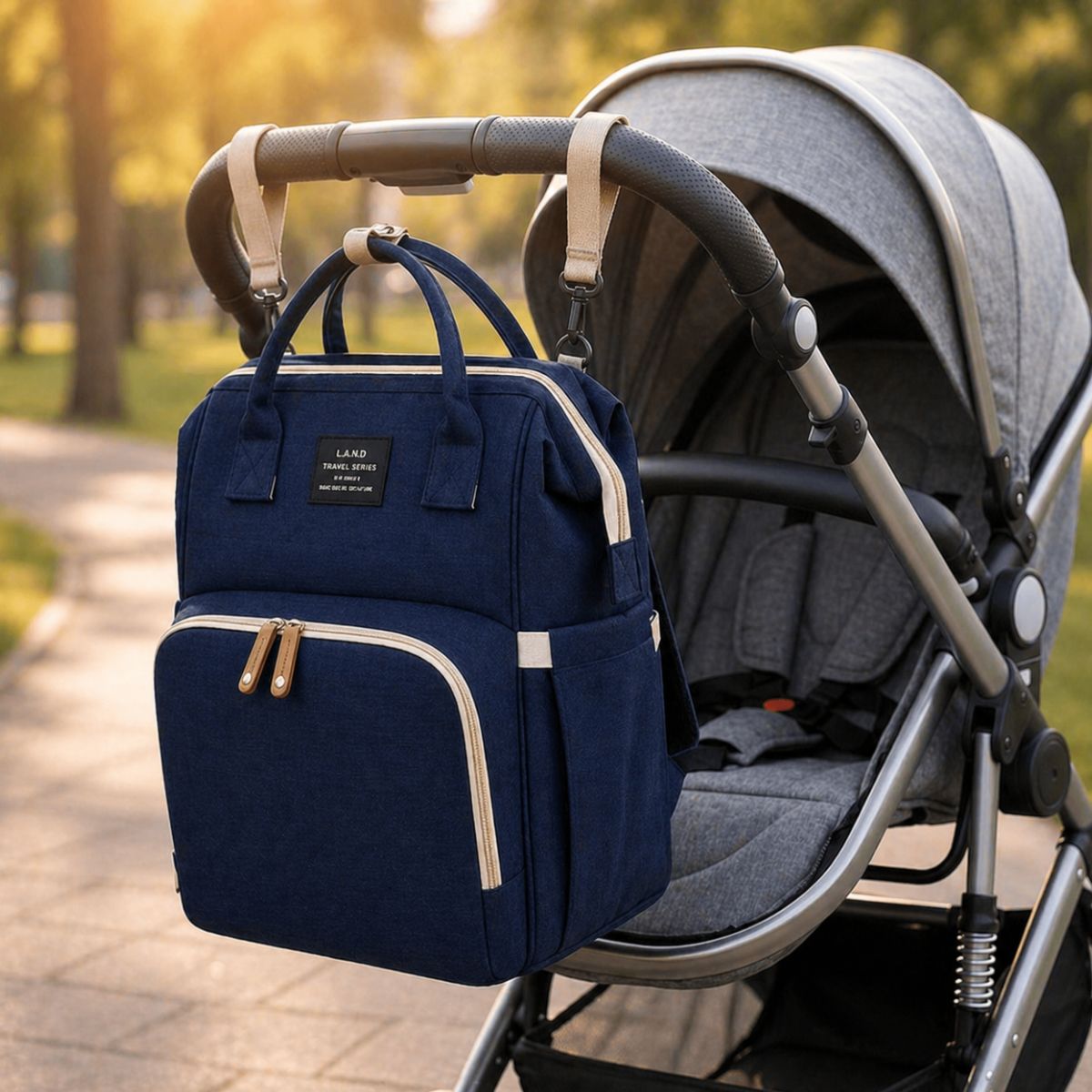 Sac à dos à langer Nid Nomade attaché à une poussette avec sangles pour sortie bébé pratique 