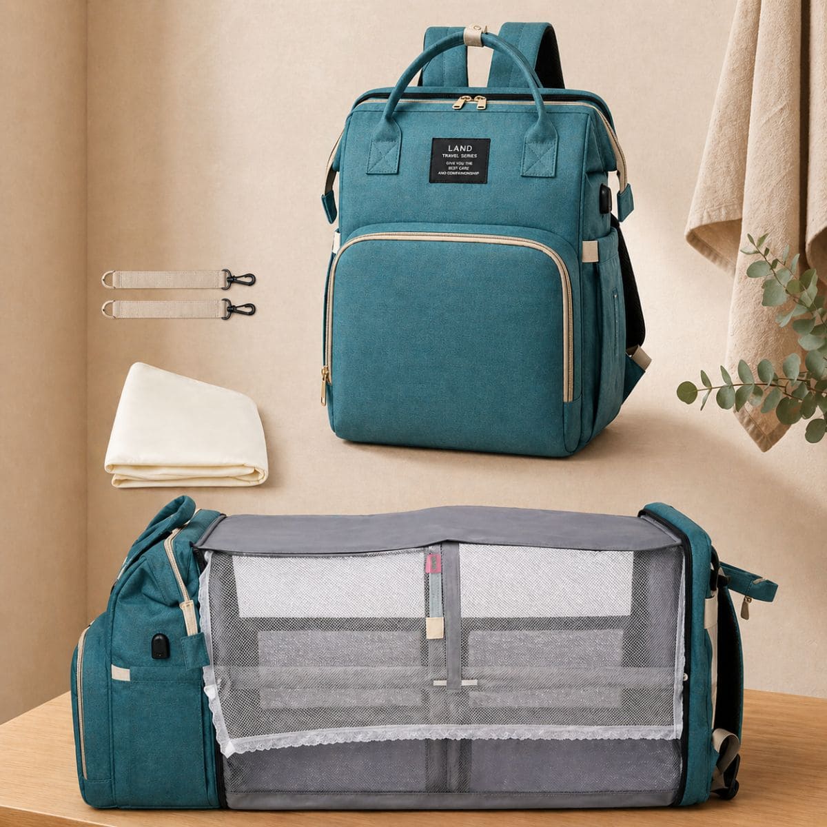 Sac à dos à langer Nid Nomade avec lit intégré déplié en position couchage bébé couleur vert