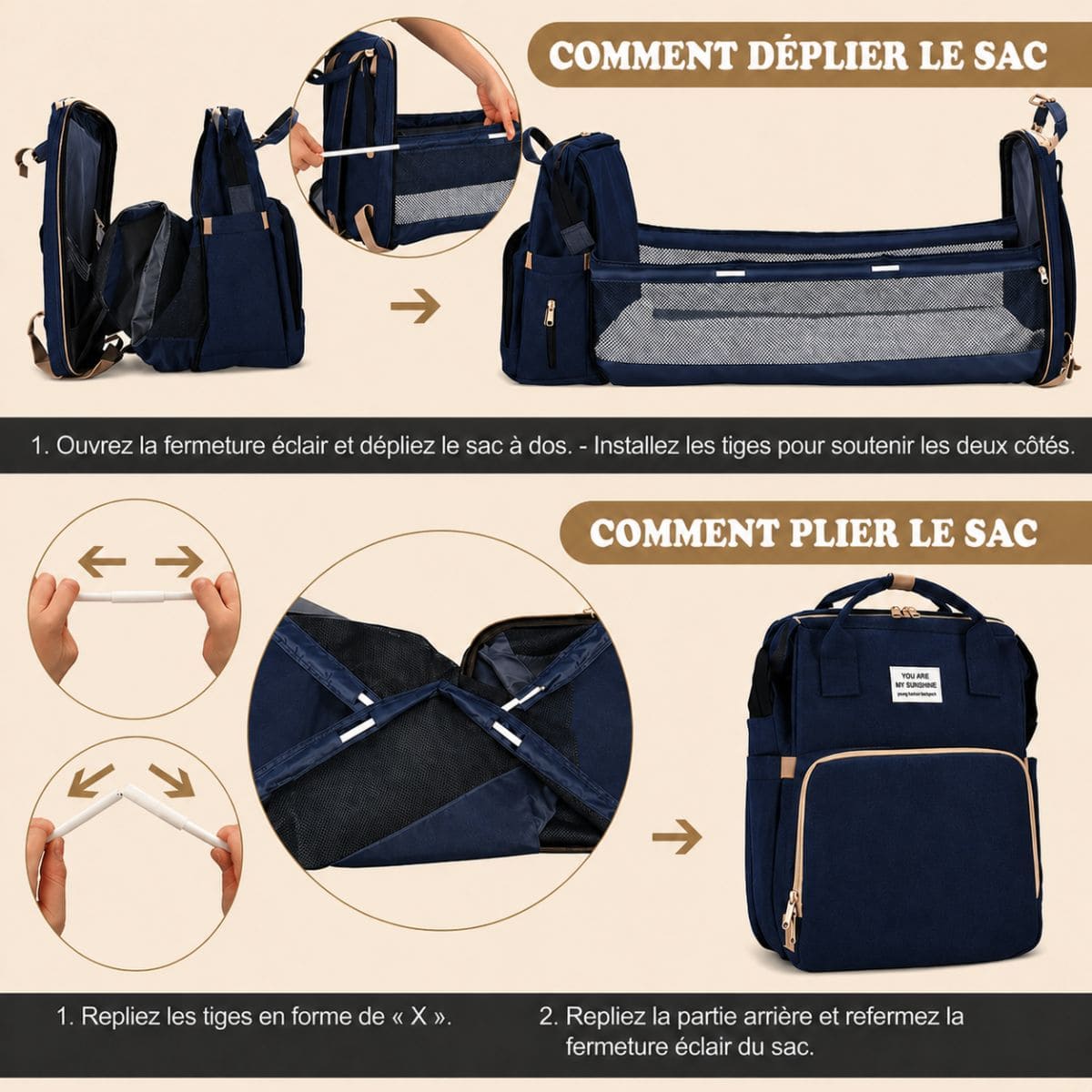Étapes pour déplier et replier le sac à dos à langer Nid Nomade avec lit intégré pour bébé 