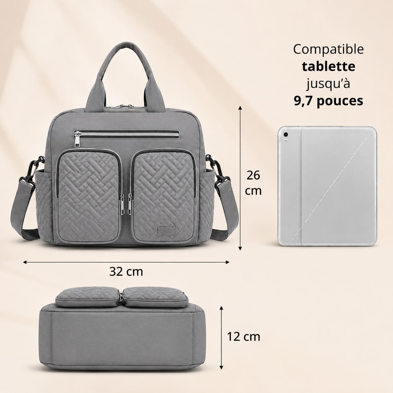 dimensions du sac à langer Élégance Organisée avec format 32 cm, hauteur 26 cm et compatibilité tablette jusqu’à 9,7 pouces 