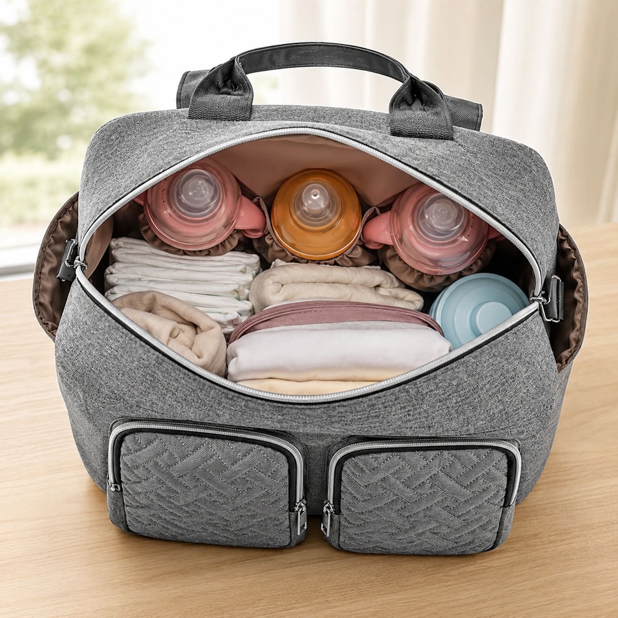intérieur du sac à langer Élégance Organisée avec compartiments pour biberons, couches et affaires de bébé 