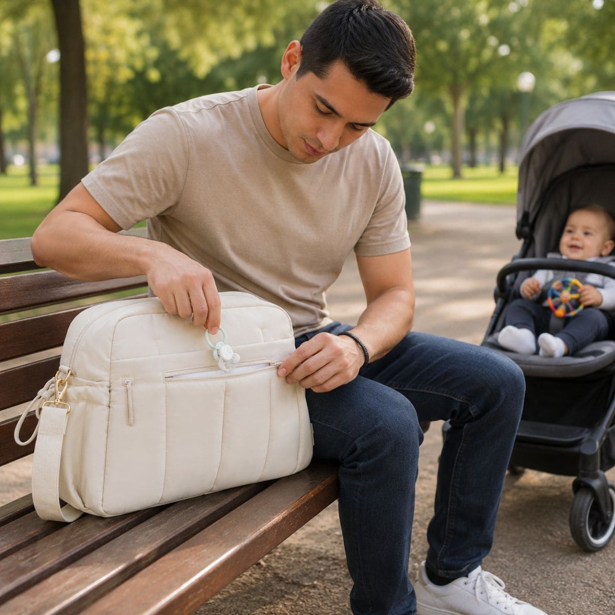 sac à langer Épure Baby avec papa rangeant une tétine dans la poche extérieure 