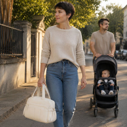 maman portant le sac à langer Épure Baby à la main près d’une poussette 