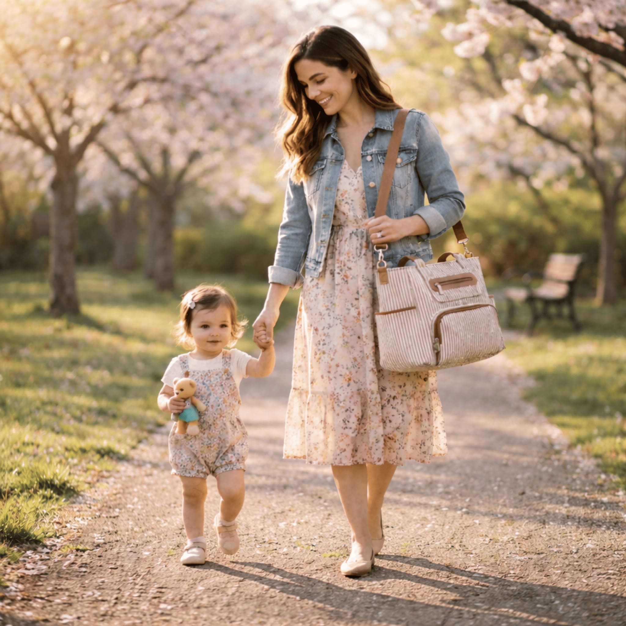 Sac à langer multifonction Pack Sérénité porté par une maman en promenade avec son bébé dans un parc au printemps