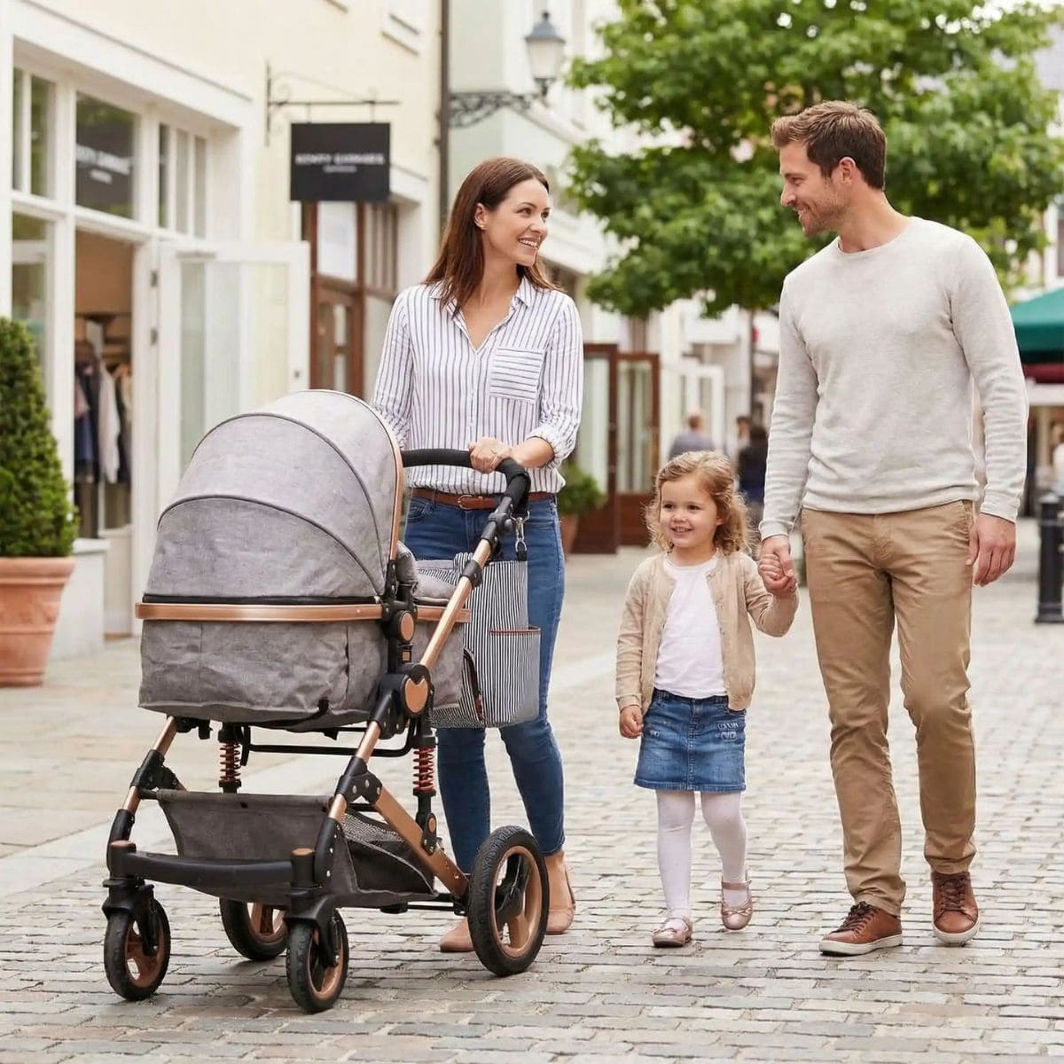 Sac à langer multifonction Pack Sérénité accroché à la poussette lors d’une promenade en ville en famille