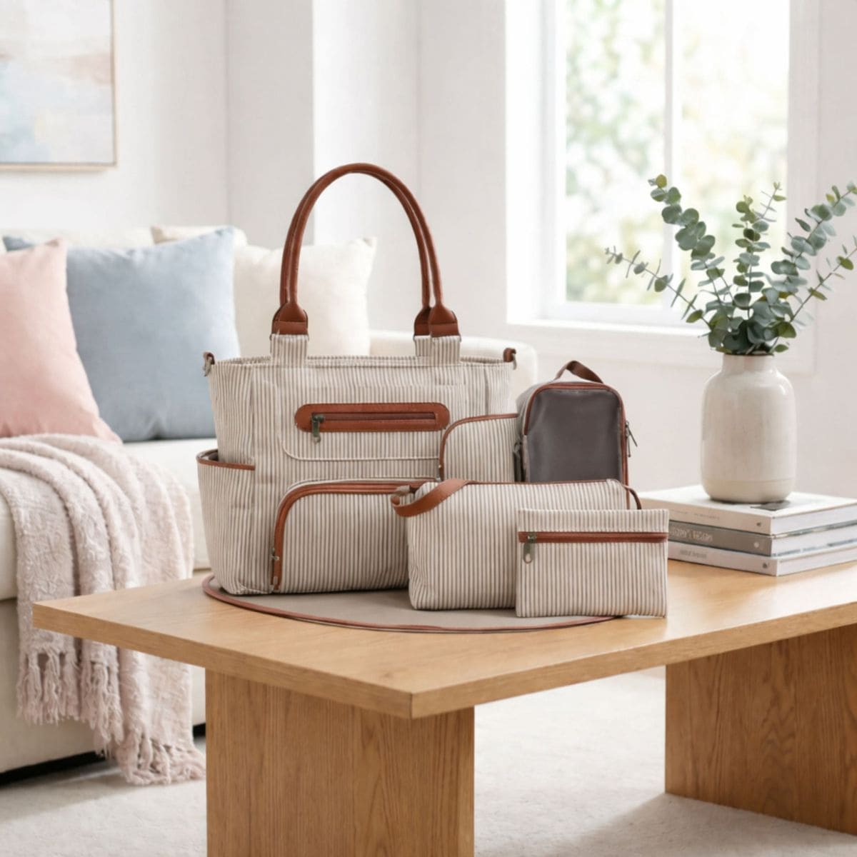 Sac à langer multifonction Pack Sérénité à rayures marron et blanc avec accessoires assortis