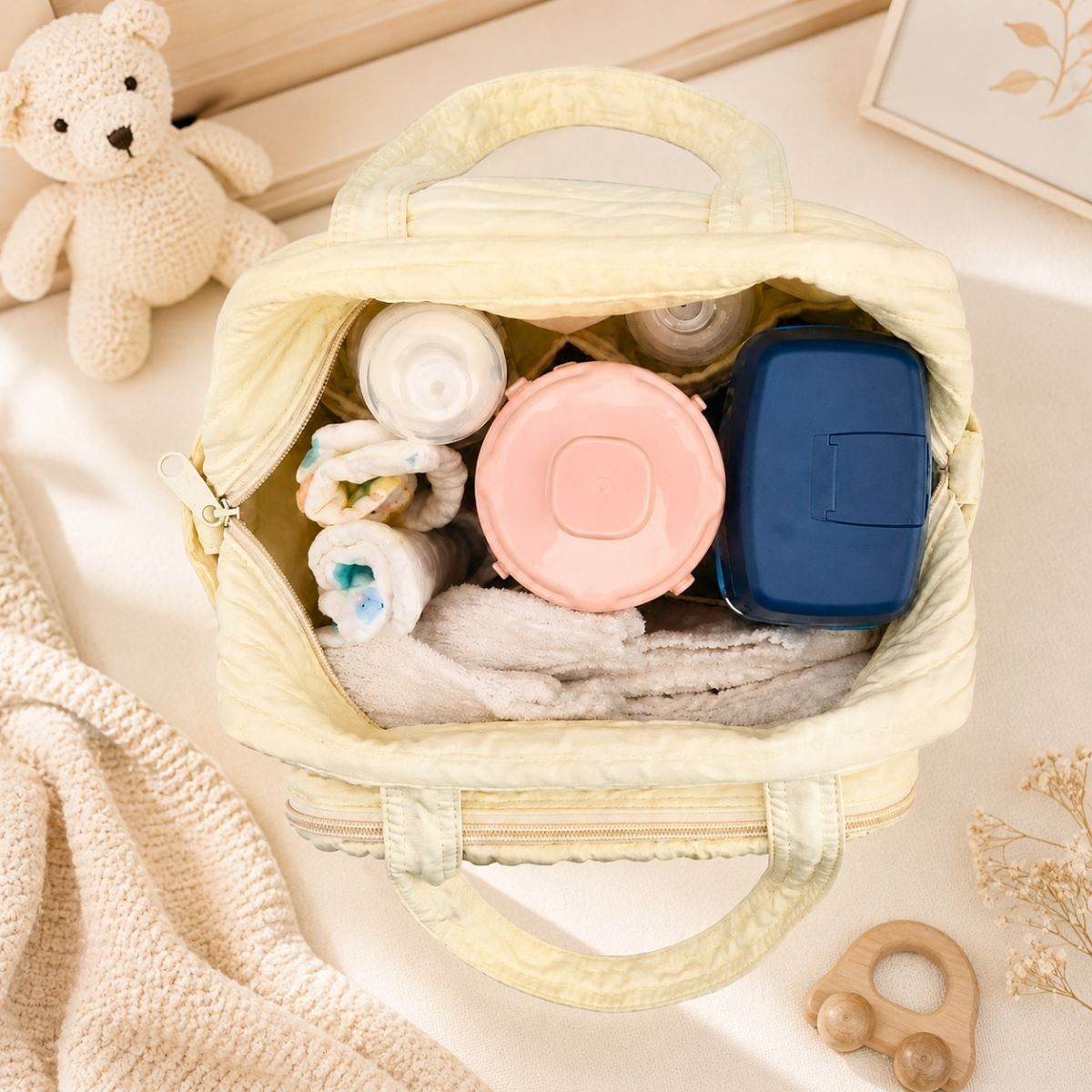 Sac à langer Petit Câlin beige ouvert avec les affaires de bébé