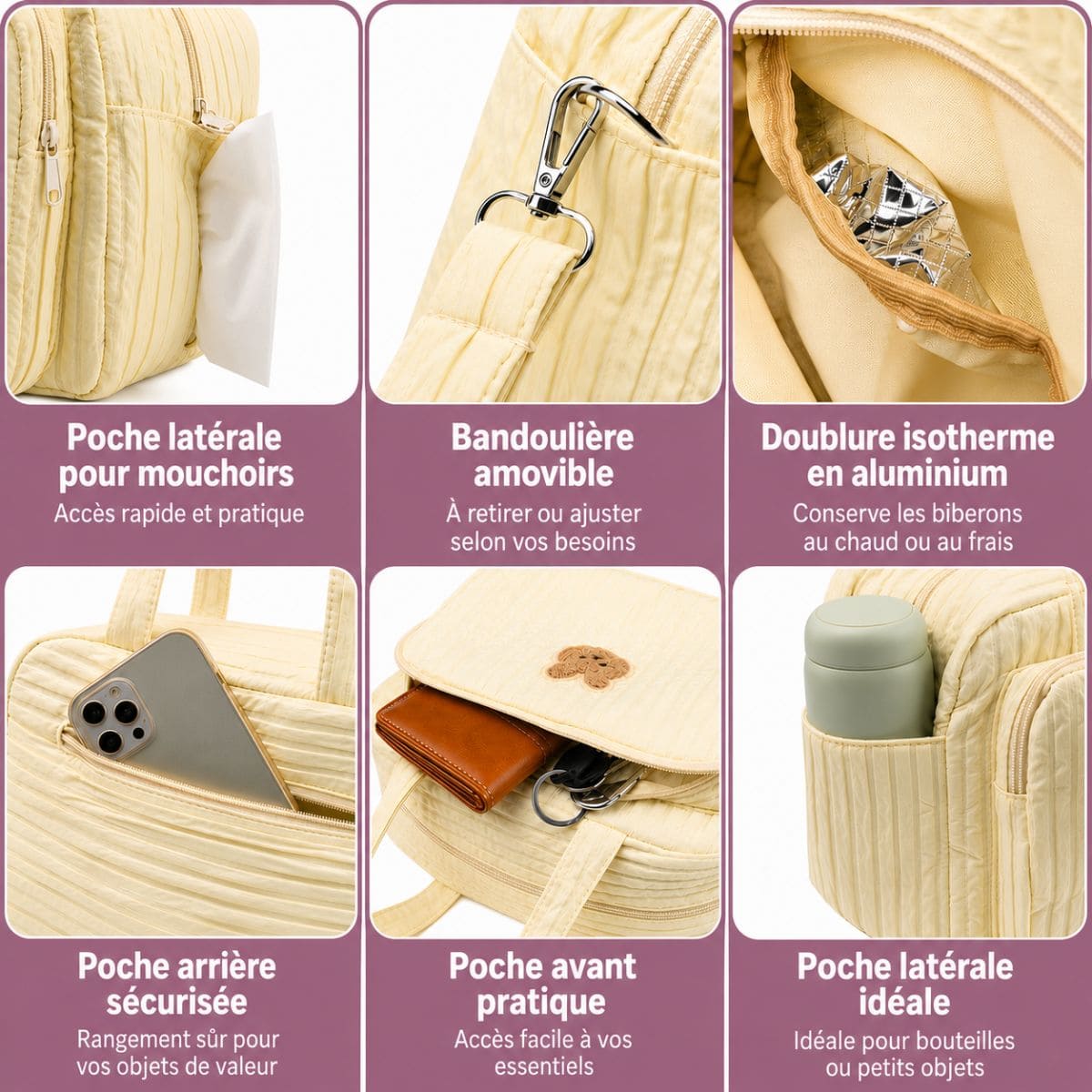 Sac à langer Petit Câlin avec ses poches, sa bandoulière et sa doublure isotherme