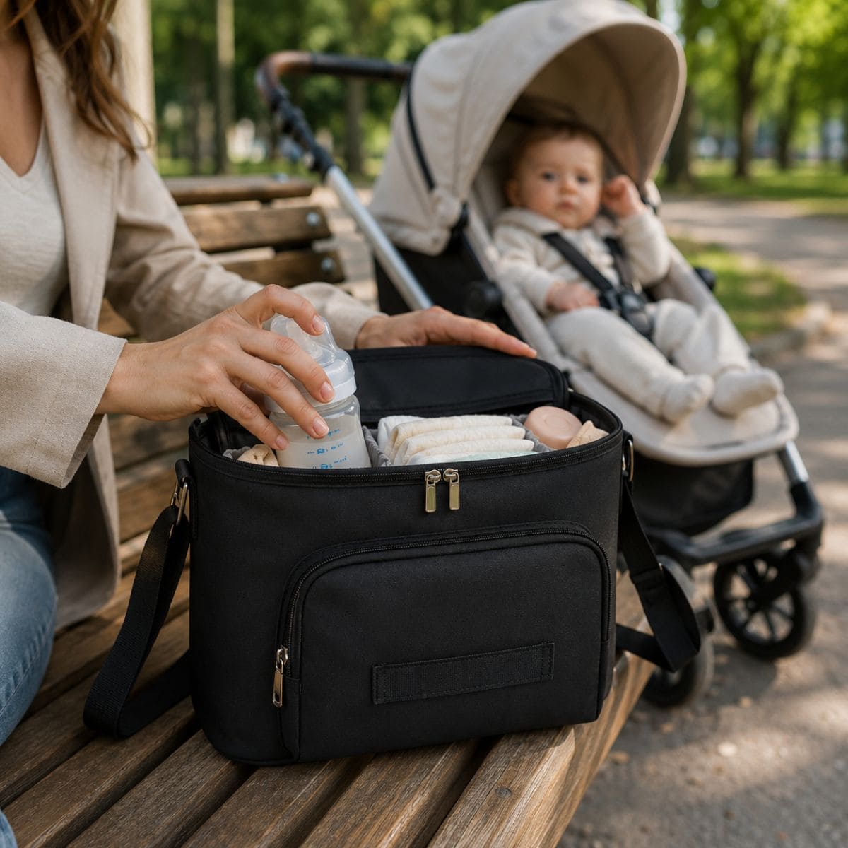 sac à langer pour poussette Nomade Mini utilisé lors d’une sortie avec poussette 