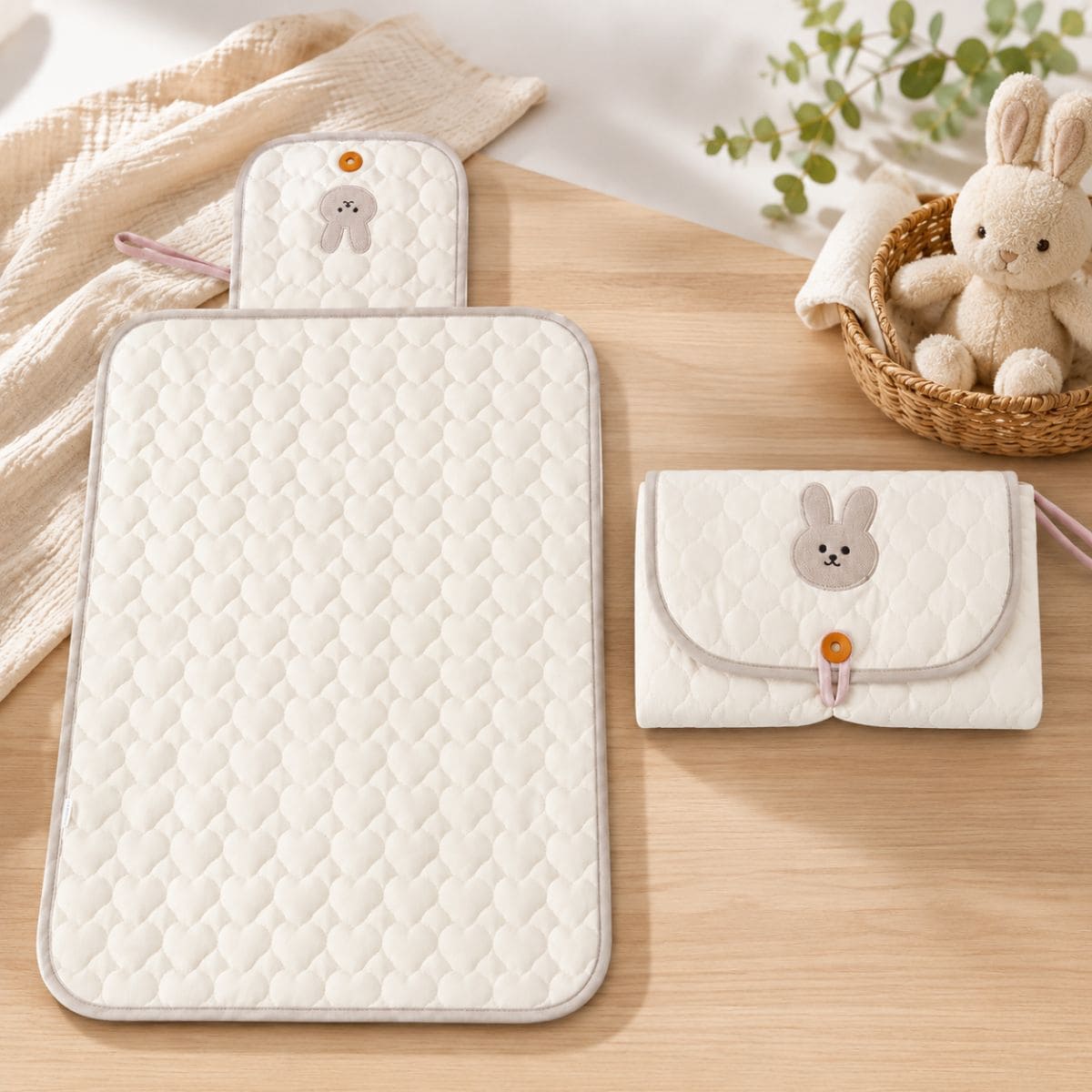 tapis à langer nomade Petit Cocon variante Lapin présenté plié et déplié 