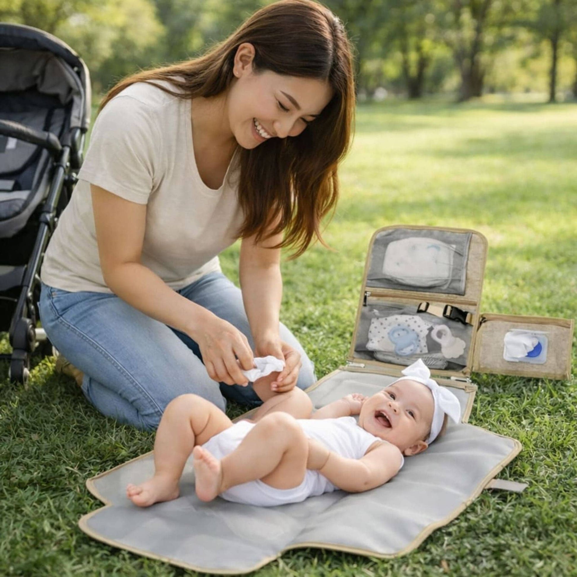 Tapis à langer nomade Nomade+ déplié dans un parc, maman souriante changeant son bébé sur l'herbe avec poussette en arrière-plan
