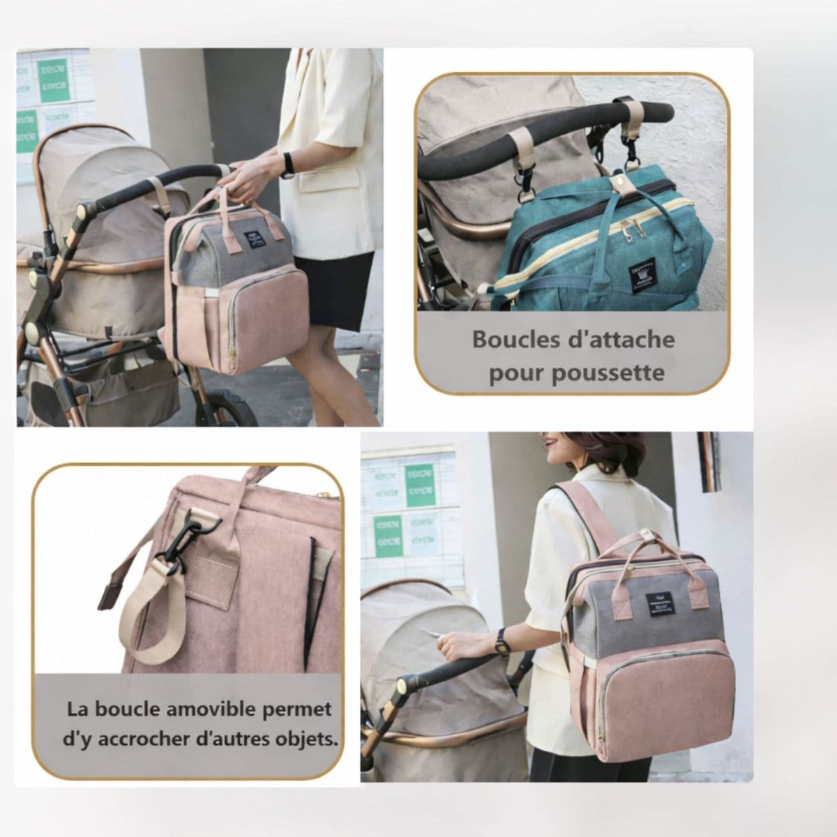 Sac à dos à langer Diaper Backpack avec boucles d’attache pour poussette et port en sac à dos 