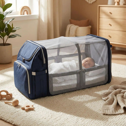 Sac à dos à langer Diaper Backpack transformé en lit bébé pliable avec moustiquaire, installé dans une chambre d’enfant lumineuse avec bébé endormi à l’intérieur
