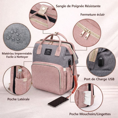 Sac à dos à langer Diaper Backpack avec poches latérales, port USB et matériau imperméable 