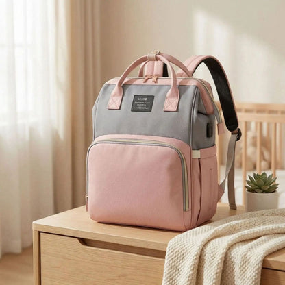 Sac à dos à langer Diaper BackPack rose-gris grande capacité avec poche frontale zippée et bretelles réglables
