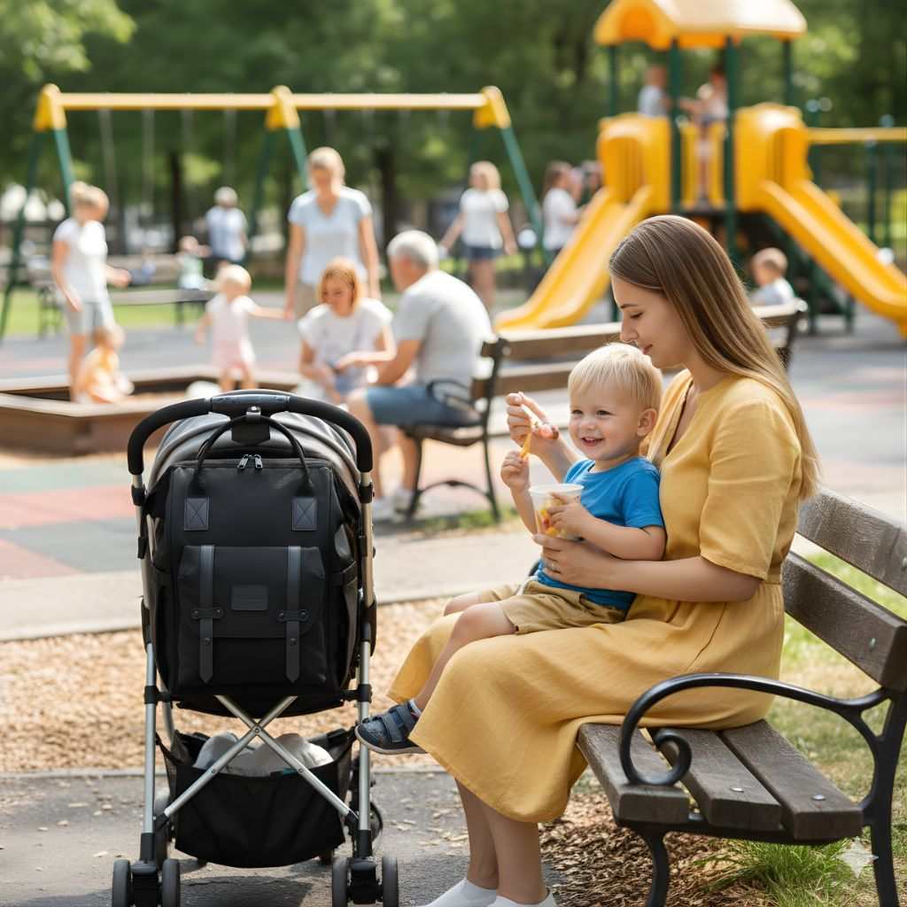 sac à dos à langer Élégant noir accroché à la poussette