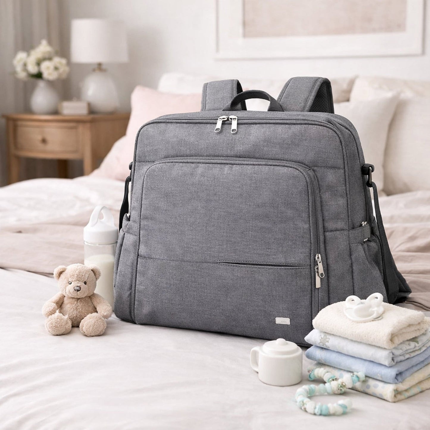 sac à dos à langer Parent'Hez gris foncé  présenté avec accessoires pour bébé