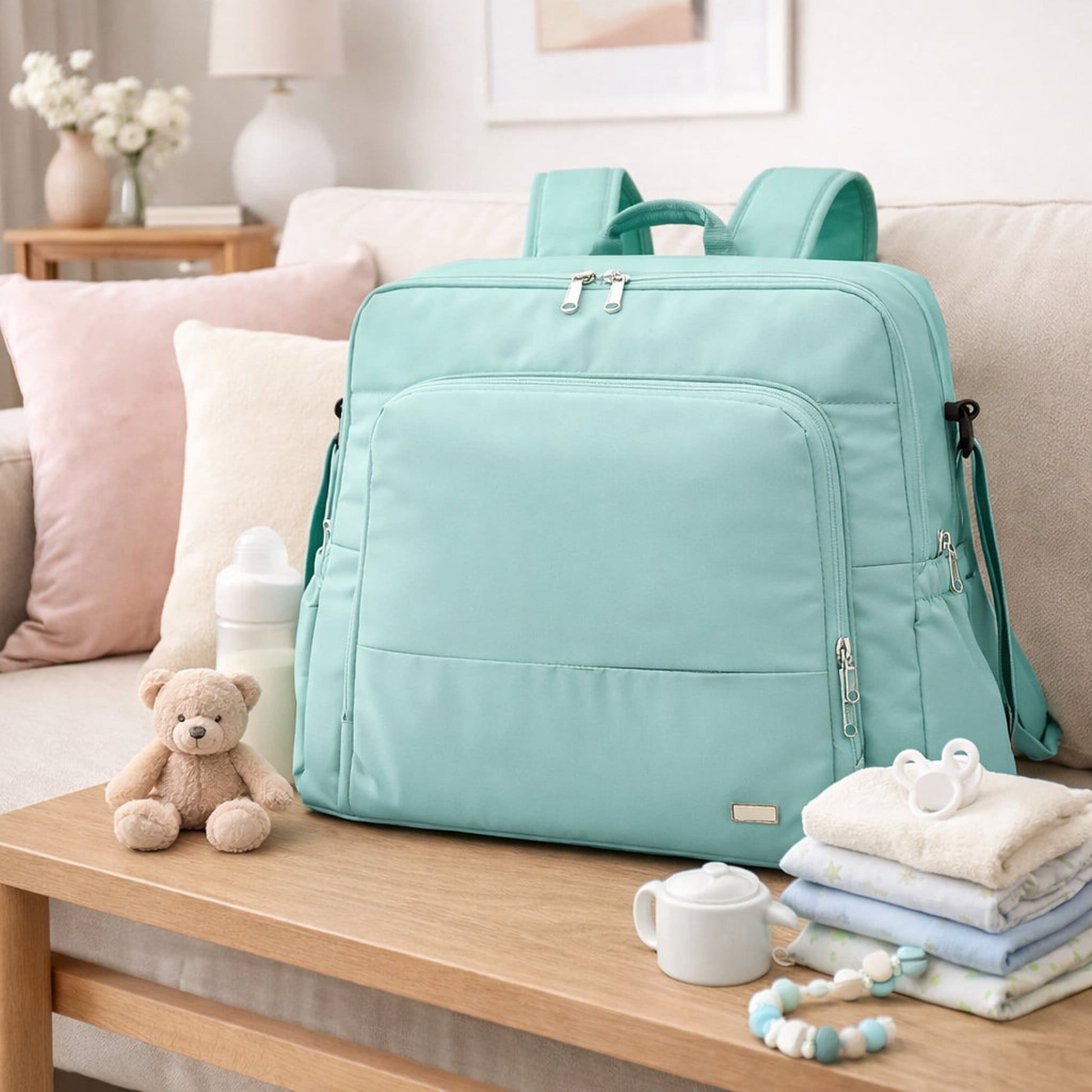 sac à dos à langer Parent'Hez vert menthe  présenté avec accessoires pour bébé