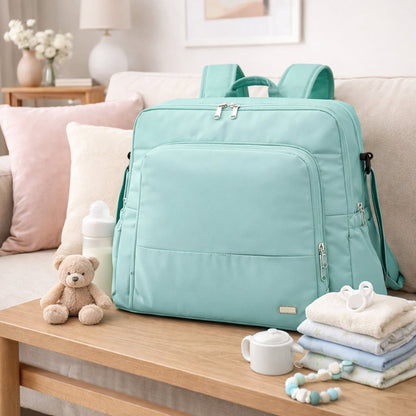 sac à dos à langer Parent'Hez vert menthe  présenté avec accessoires pour bébé