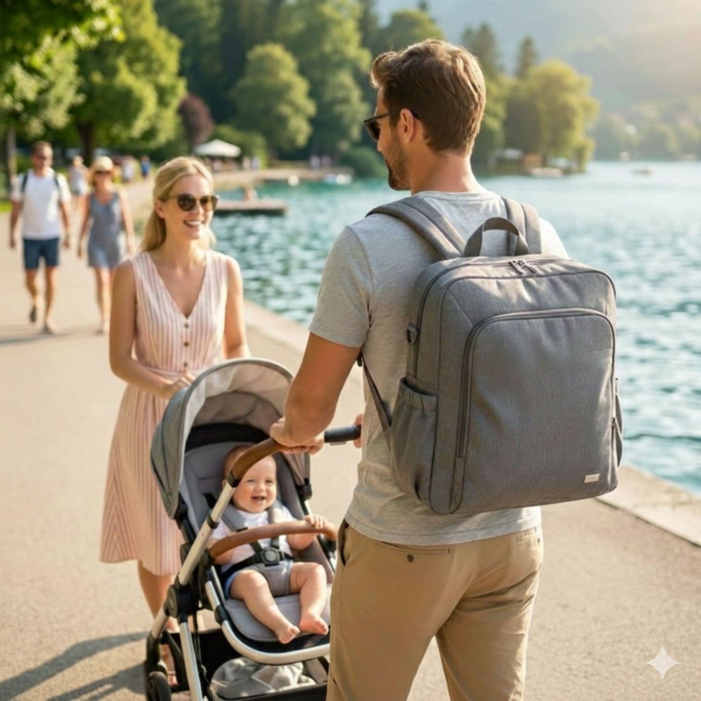 sac à dos à langer Parent'Hez porté par un parent lors d une promenade avec bébé en poussette au bordd'un lac

